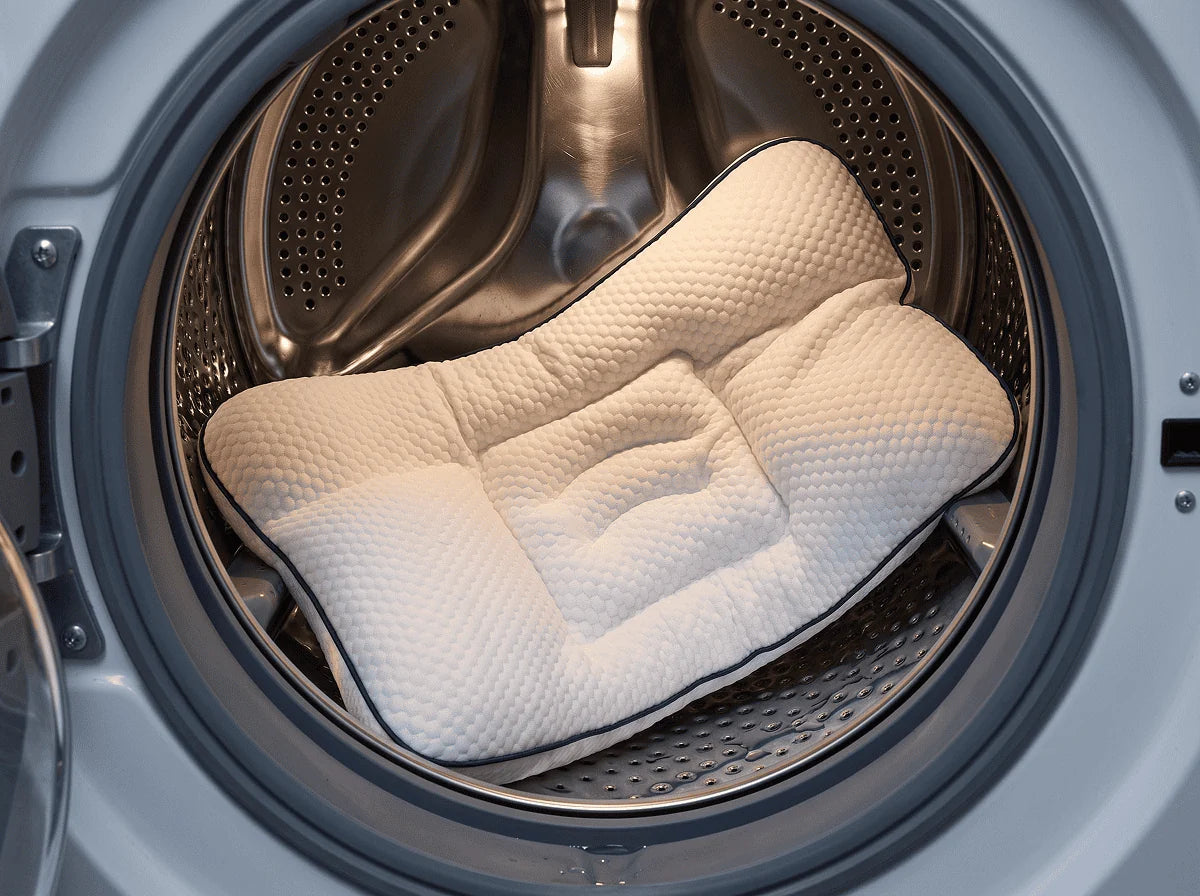 The LittleBear pillow going into a washing machine