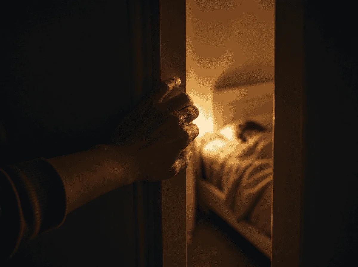 A parent quietly pulling a bedroom door closed