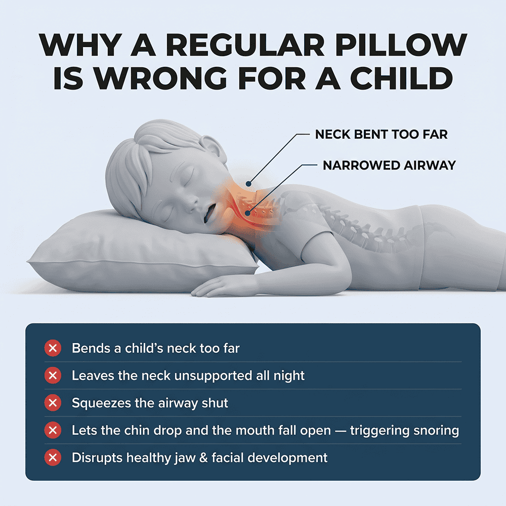 Why a regular pillow is wrong for a child — neck bent too far, narrowed airway
