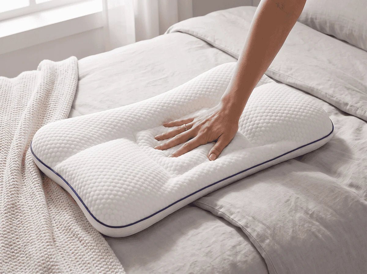 A hand pressing into the memory foam and it springing back