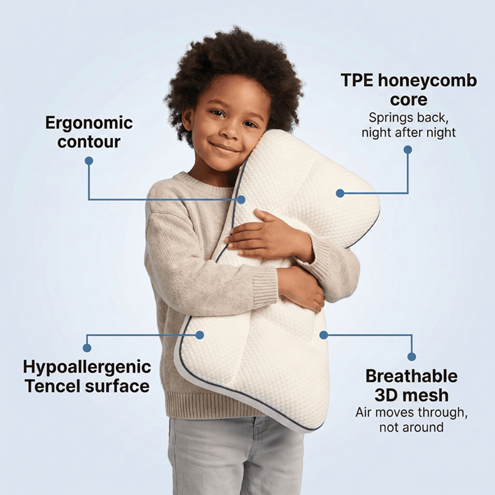 A child hugging the LittleBear Pillow, labelled with its ergonomic contour, TPE honeycomb core, hypoallergenic Tencel surface and breathable 3D mesh